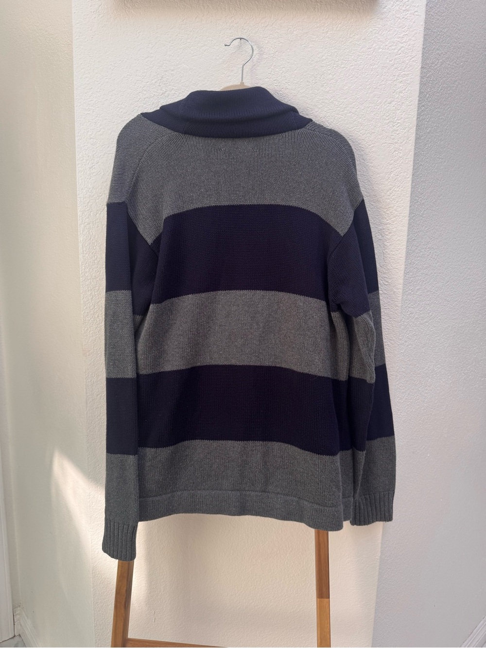 Polo Ralph Lauren Mens Navy Gray Striped Shawl-Collar Cardigan 100% Merino Wool - Picture 12 of 14